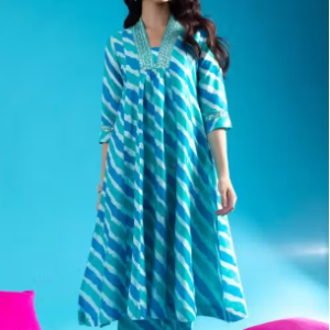 Cotton Anarkali Kurta Pant Set with Neck Embroidery