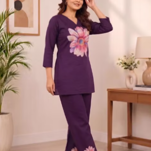 Alternative view of Women's Cotton Floral Placement Print V-Neck Tunic with Straight Pants Co-Ord Set(Pre Order)