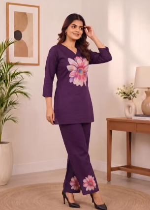 Women's Cotton Floral Placement Print V-Neck Tunic with Straight Pants Co-Ord Set(Pre Order) - Image 2
