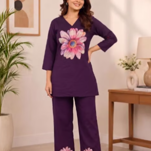 Women's Cotton Floral Placement Print V-Neck Tunic with Straight Pants Co-Ord Set(Pre Order)