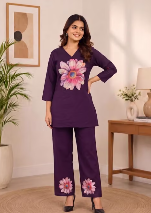 Women's Cotton Floral Placement Print V-Neck Tunic with Straight Pants Co-Ord Set(Pre Order)