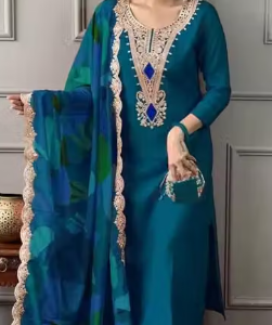 Women Teal Blue Embroidered Kurta Pant Dupatta Set |
