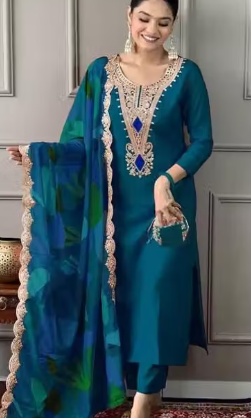 Women Teal Blue Embroidered Kurta Pant Dupatta Set |