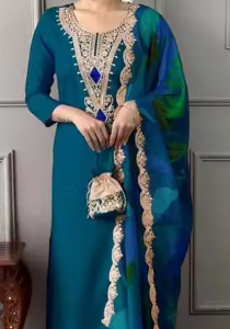 Alternative view of Women Teal Blue Embroidered Kurta Pant Dupatta Set |