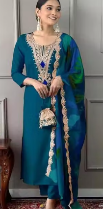 Women Teal Blue Embroidered Kurta Pant Dupatta Set | - Image 2