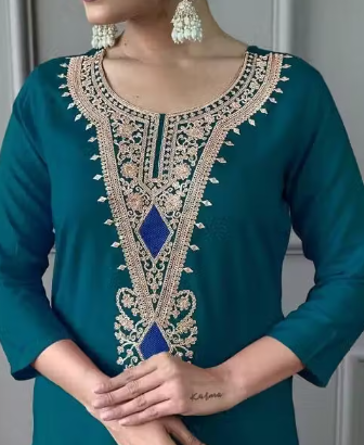 Women Teal Blue Embroidered Kurta Pant Dupatta Set | - Image 3